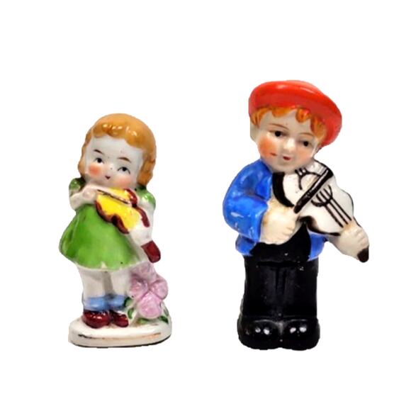 Pair Mini Porcelain Violin Music Boy & Girl Figurines 3" Japan Occupied Painted - Picture 1 of 9